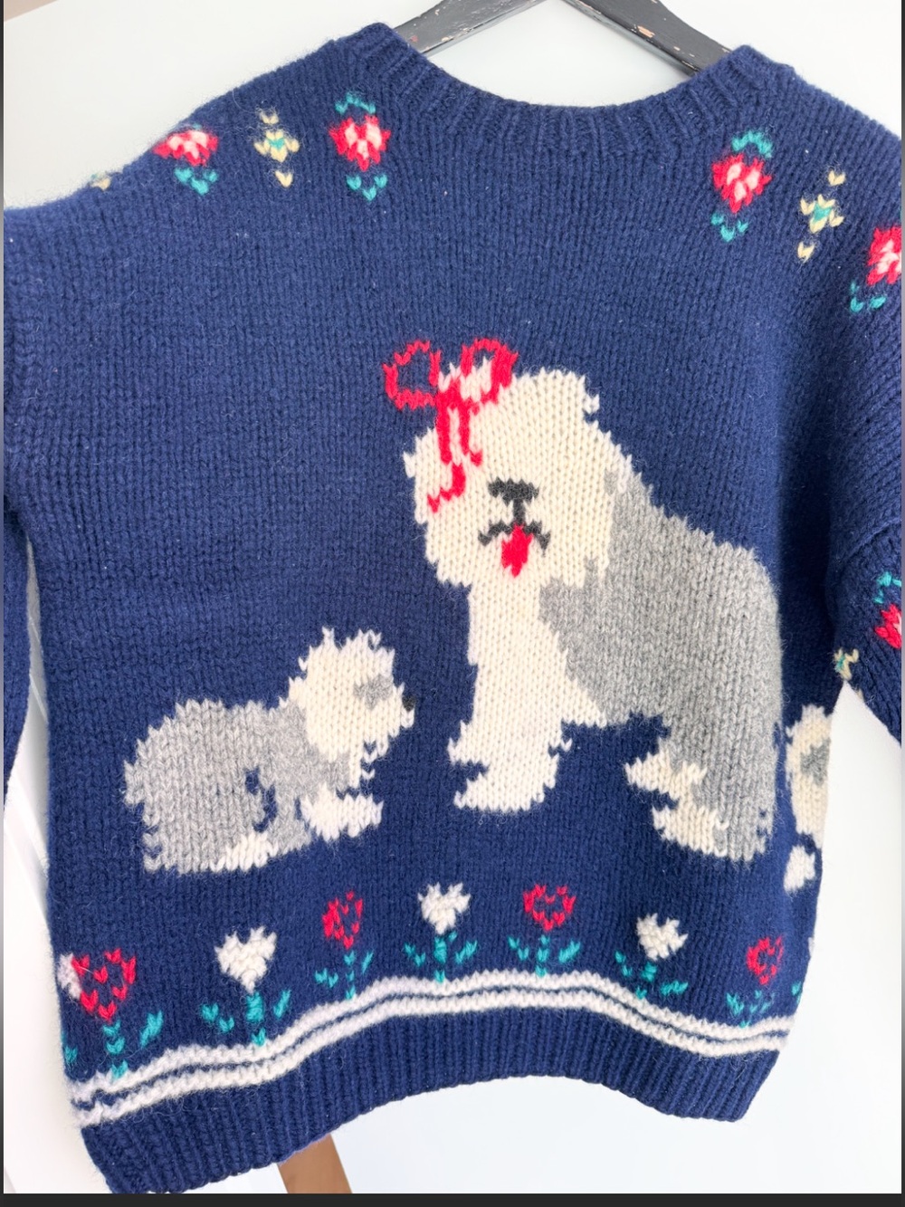 Vtg Woolrich Pure Virgin Wool Dog Sweater Navy Blue Sheepdog Floral Knit XL - Picture 7 of 13